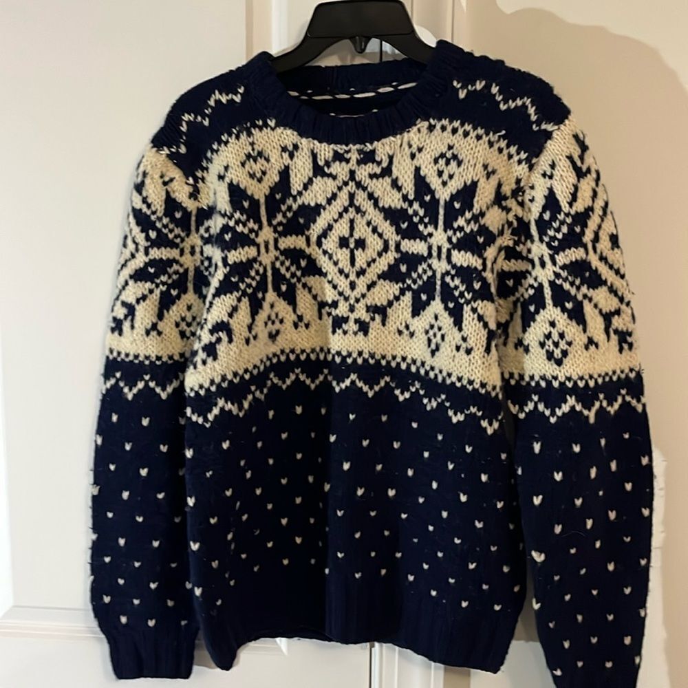 Hand Blue & Creme Winter Wool Snowflake Crewneck Sweater M Women’s Mini Skirt